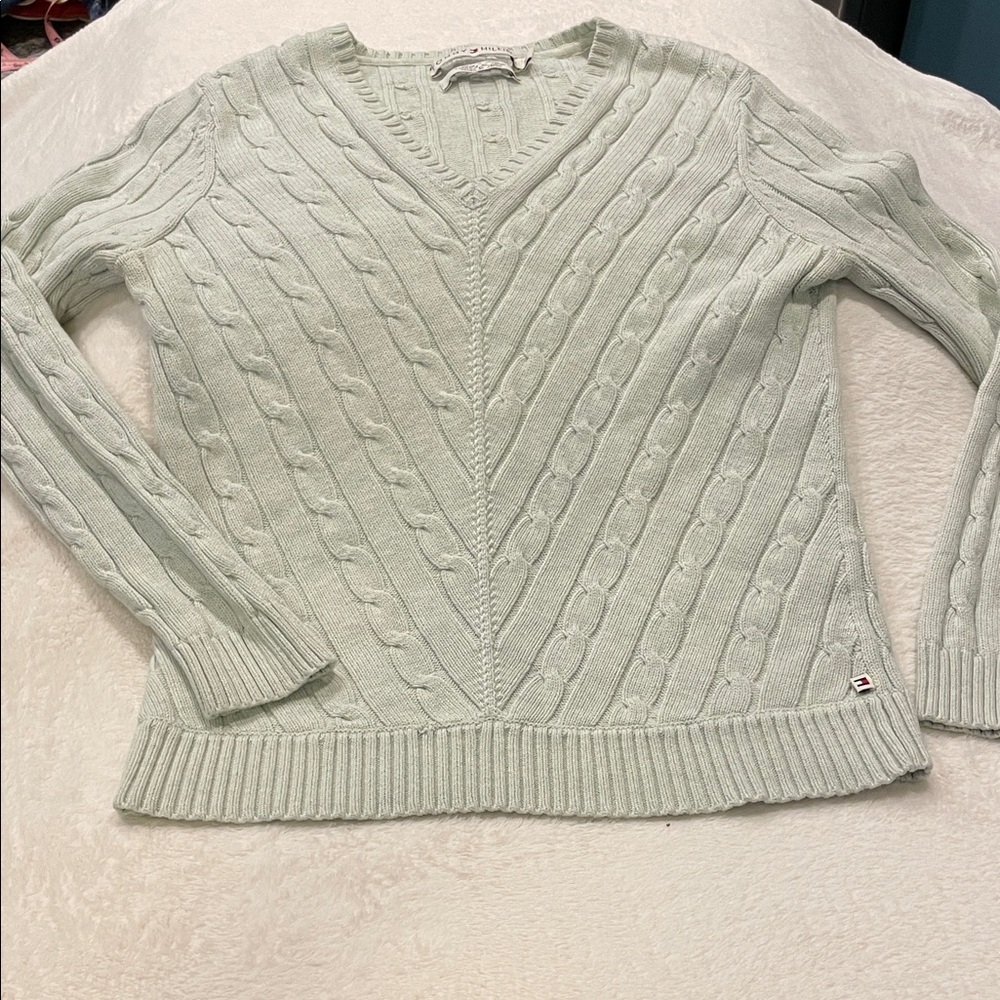 Tommy Hilfiger V-Neck Cable Knit Sweater - Light Green